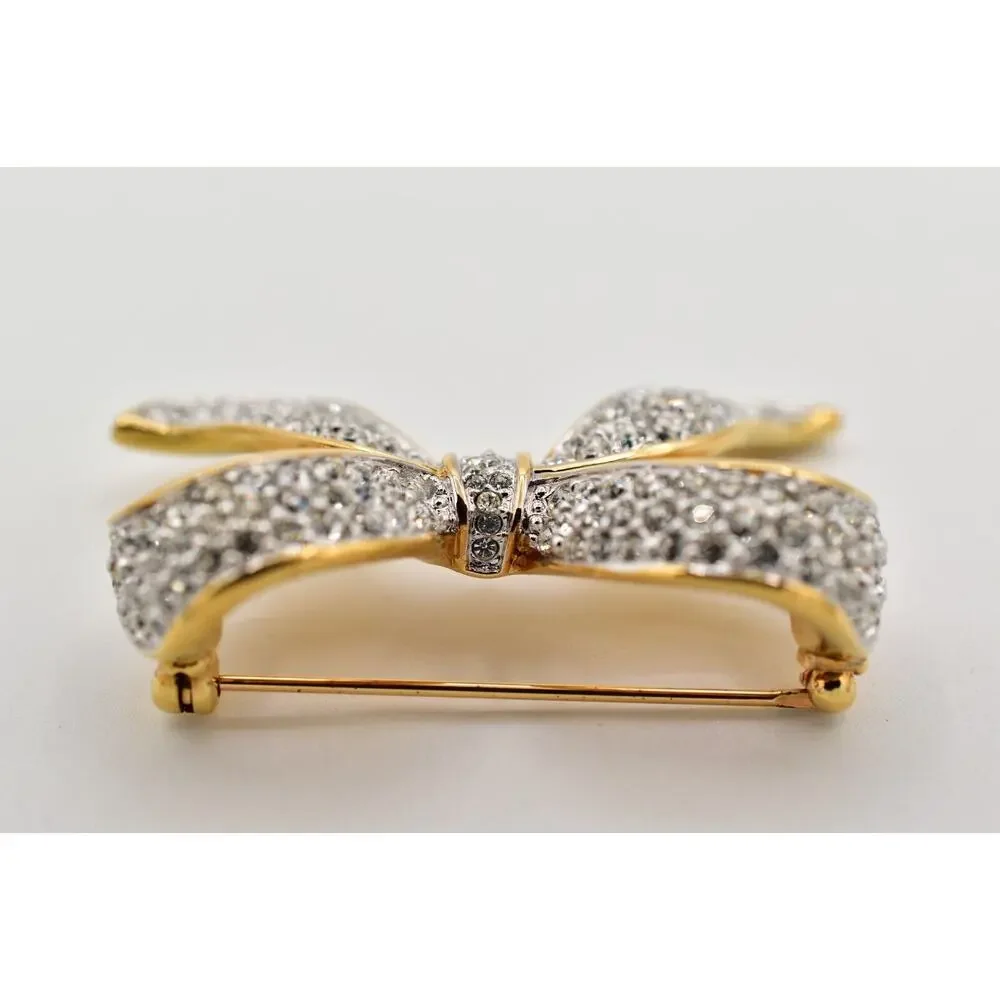 Swarovski Vintage Crystal Bow Pin Brooch Gold Pave Rhinestone Swan Signed BinBG